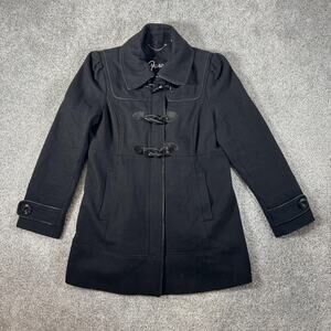 Guess Coat Womens Large Black Wool Blend Toggle Duffle Mid Length Lined Winter